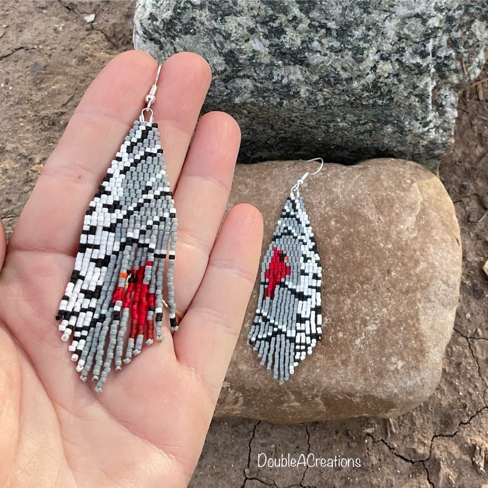 Red Cardinal Birds in a Birch Tree Beaded Earrings, New, Handmade by Me - Picture 3 of 6